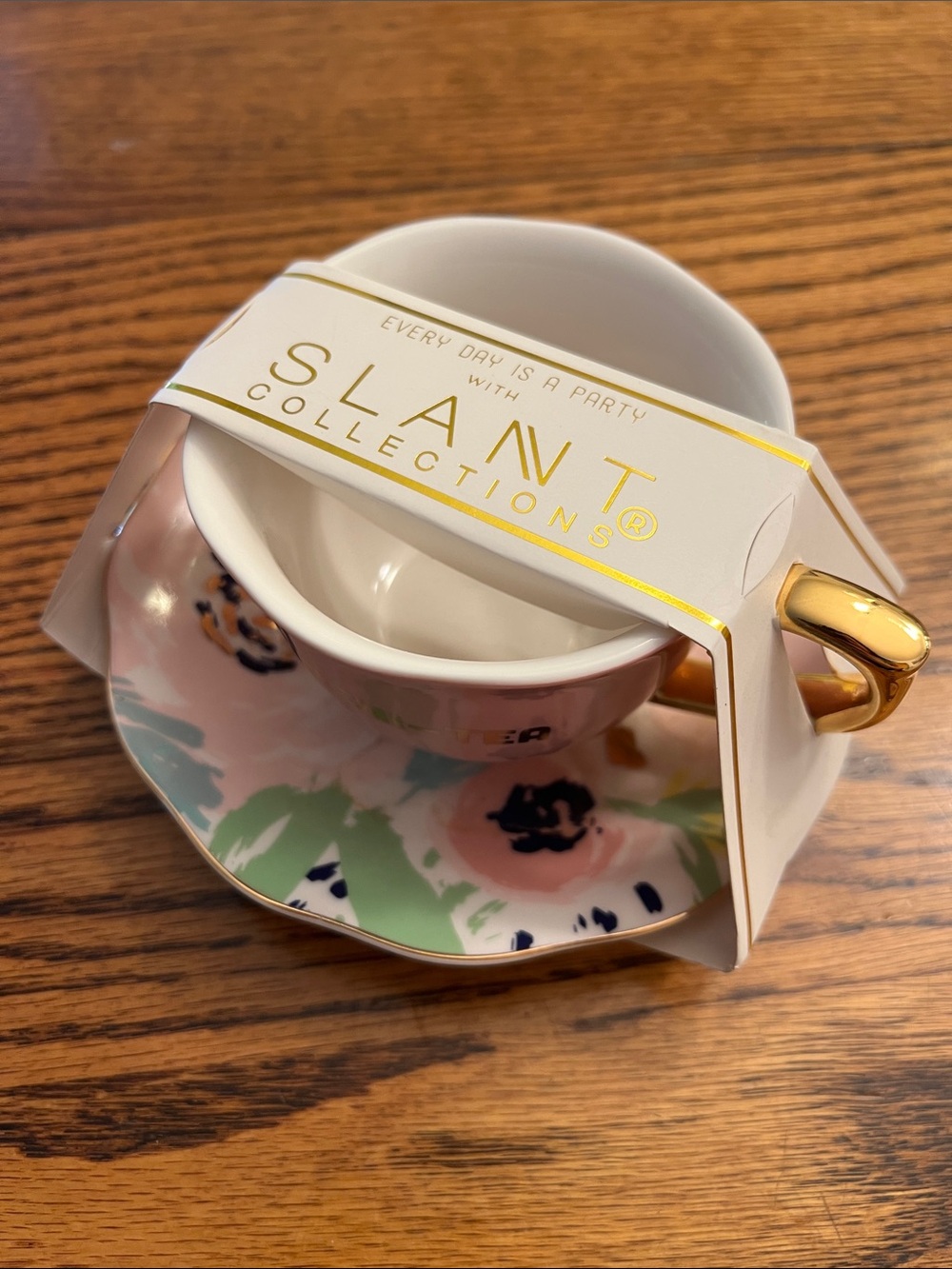 Slant Collections Pink Floral Teacup “Sereni-Tea” and Saucer Gold Handle NEW